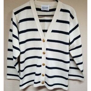 Russ Petites Women's Medium Striped Navy White Button Cardigan Sweater Casual